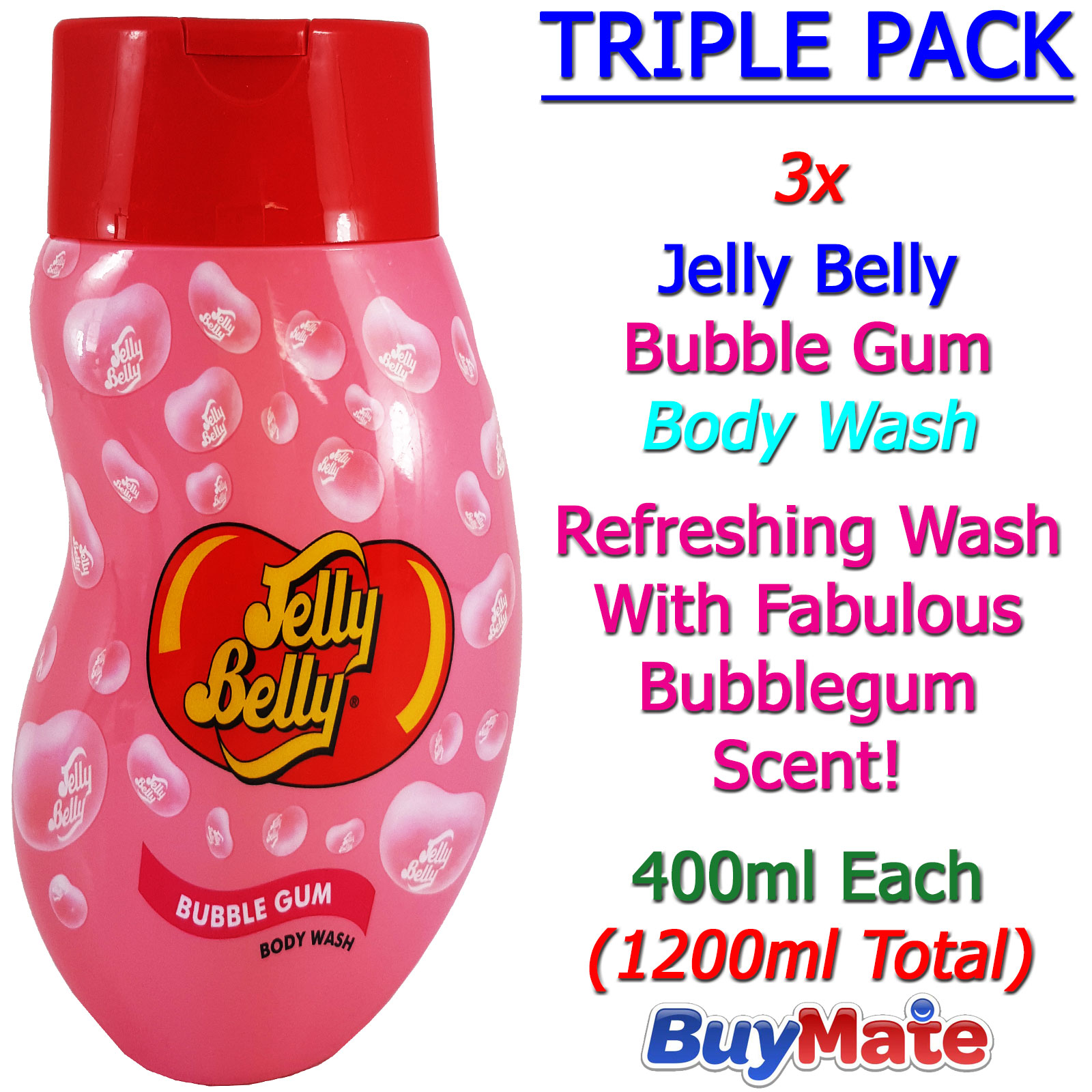 Jelly Belly Bubble Gum Flavour Hair Body Wash NEW 400ml TRIPLE PACK
