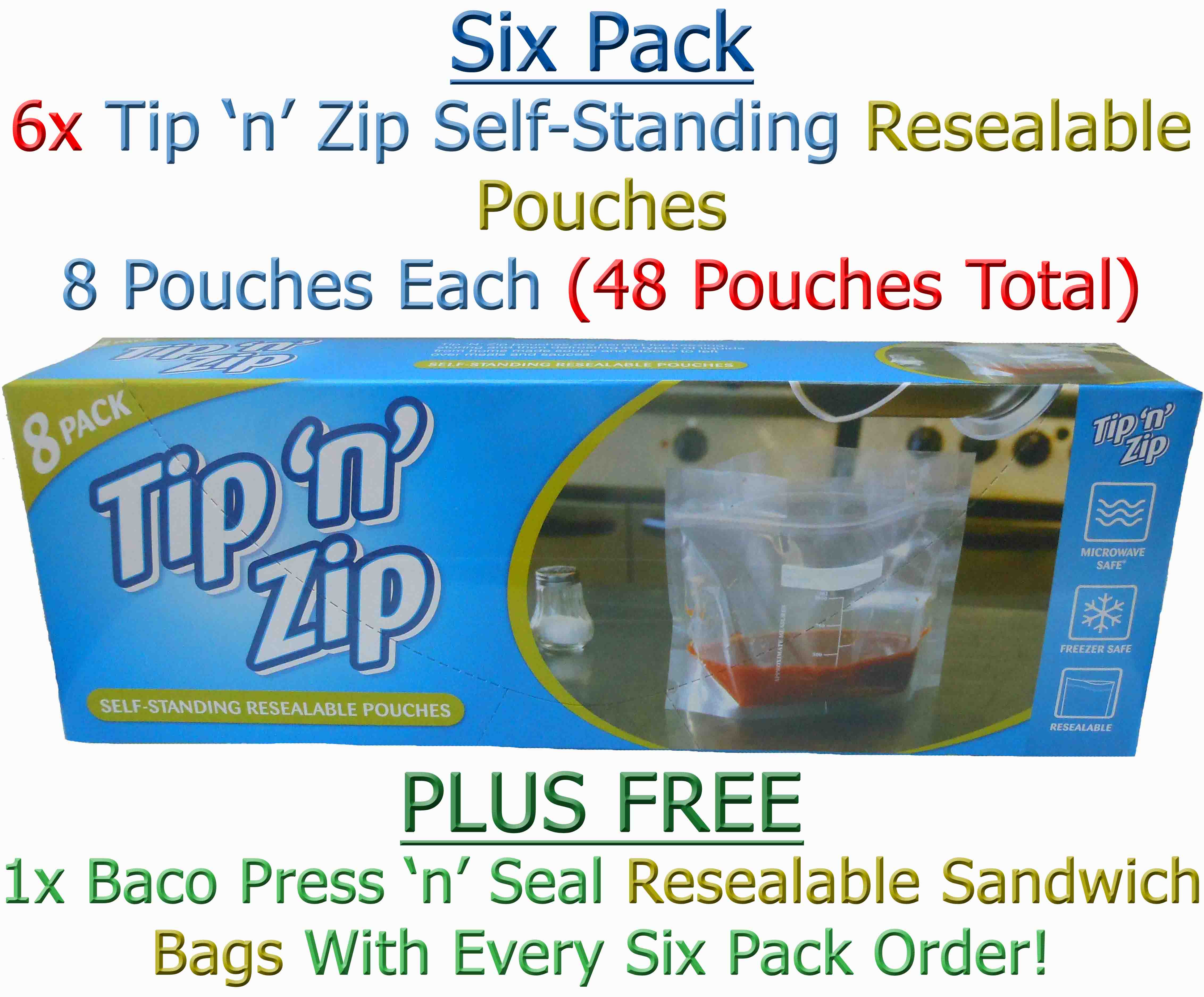 Tip 'n' Zip Self Standing Resealable Food Pouches Bags Microwave