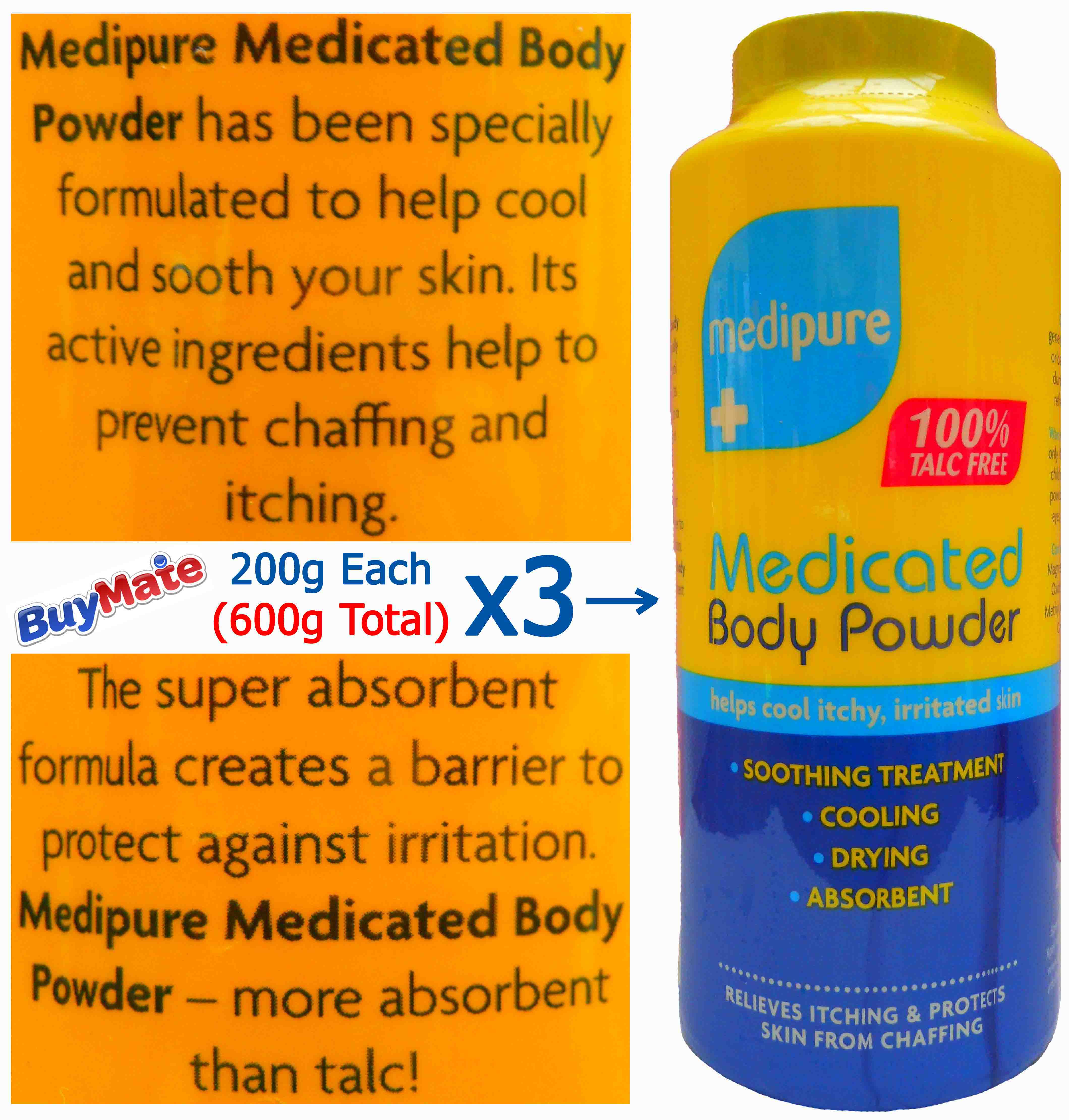 Medipure Medicated Body Powder 100 Talc Free 3 x 200g Protect